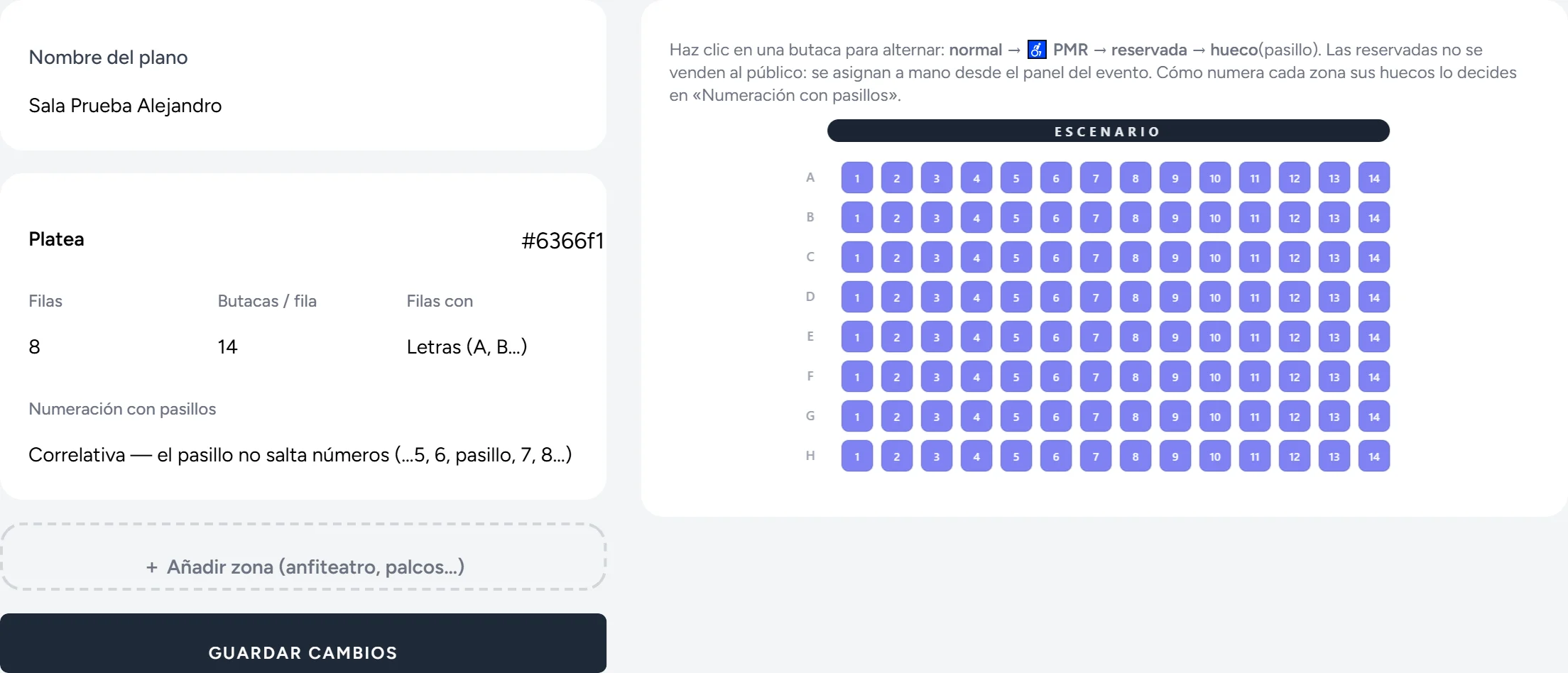 El diseñador de planos: zonas con su color, filas, pasillos, plazas PMR y numeración correlativa. Se dibuja una vez y se reutiliza.