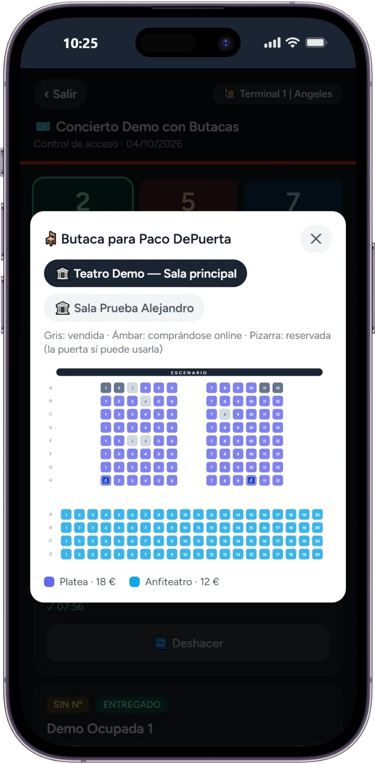 El plano desde la puerta: asignar o cambiar una butaca allí mismo.