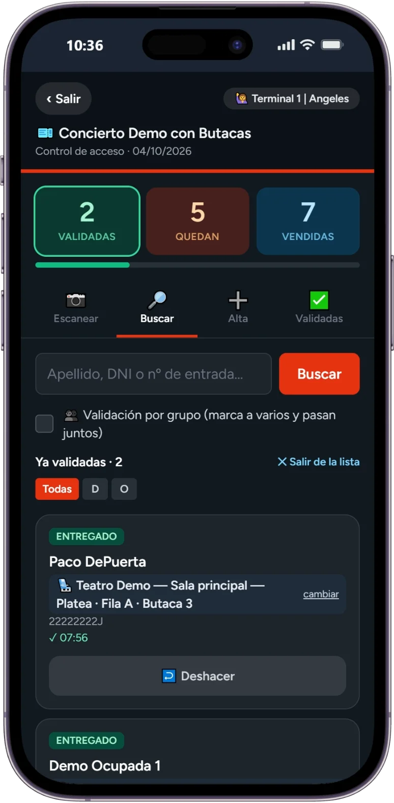 Las ya validadas, con su hora y quién las validó.