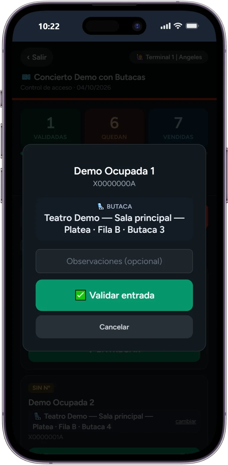 Al validar, la butaca en grande para acomodar al momento.